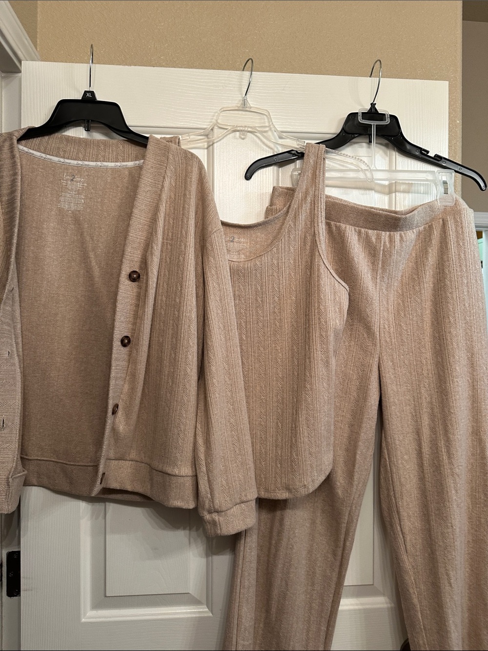 # 49- Cozy Ribbed Tank, Cardigan & Pants Loungewear Set - Beige